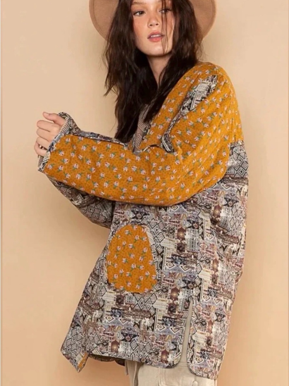POL Quilted Floral Patchwork Shacket S/M